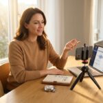 Adult practicing speech at home with phone on tripod, notebook marked No Um, stopwatch, and laptop showing speech practice app