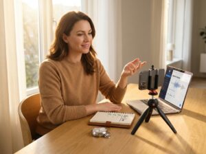 Adult practicing speech at home with phone on tripod, notebook marked No Um, stopwatch, and laptop showing speech practice app