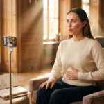 Adult practicing lip trill and voice exercises at home with smartphone recording and practice notebook