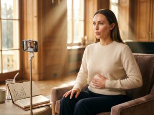 Adult practicing lip trill and voice exercises at home with smartphone recording and practice notebook