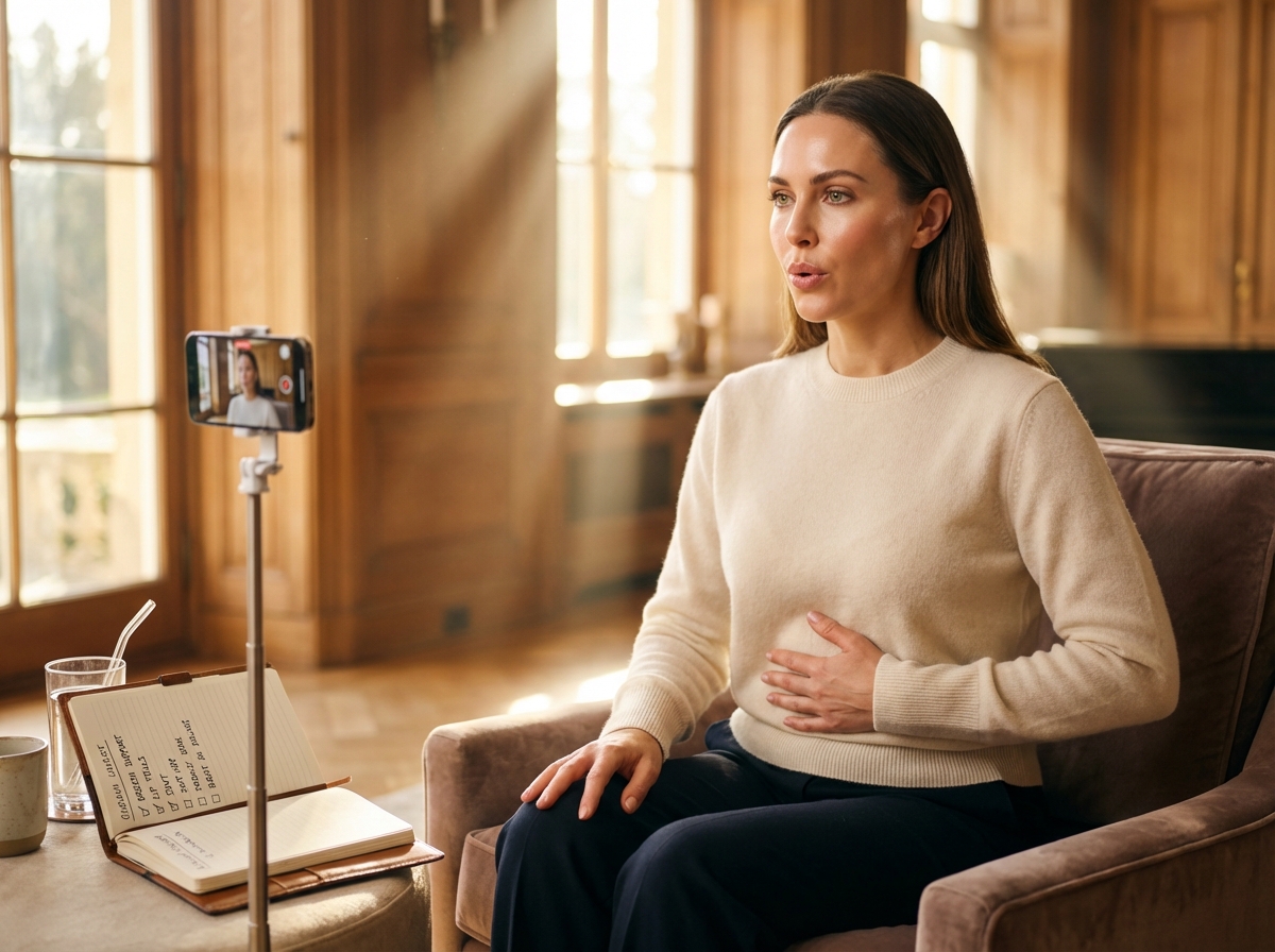 Adult practicing lip trill and voice exercises at home with smartphone recording and practice notebook