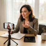 Adult practicing clear speech at home recorded by smartphone, using practice plan and mirror, confident posture in a bright home office