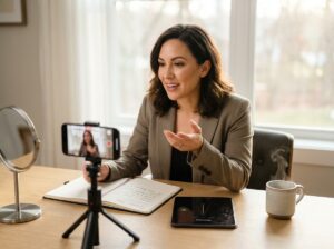 Adult practicing clear speech at home recorded by smartphone, using practice plan and mirror, confident posture in a bright home office