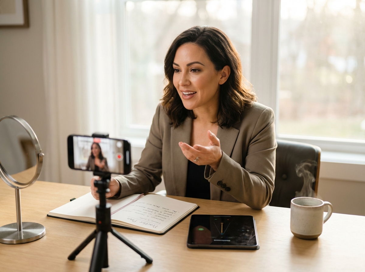 Adult practicing clear speech at home recorded by smartphone, using practice plan and mirror, confident posture in a bright home office