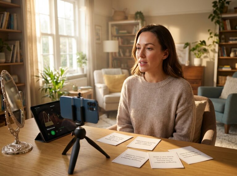 Adult practicing tongue twisters at home with phone recording, mirror, and printed practice cards on a desk