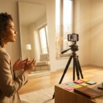 Adult practicing speech at home with smartphone recording, mirror, sticky notes, and laptop waveform display