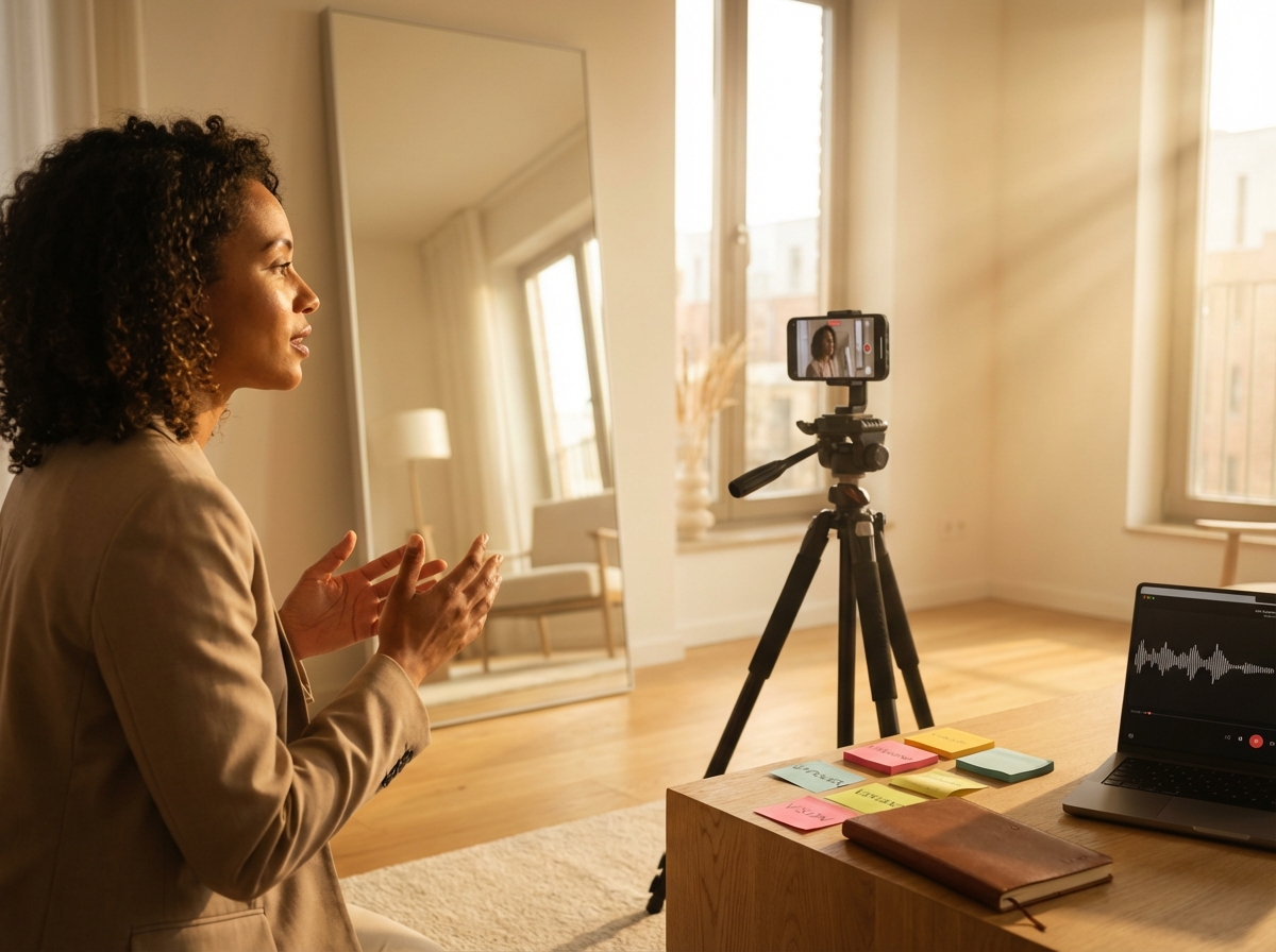 Adult practicing speech at home with smartphone recording, mirror, sticky notes, and laptop waveform display