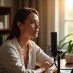 Adult practicing clear speech at home with a microphone, lip trill exercise, notebook and smartphone on desk