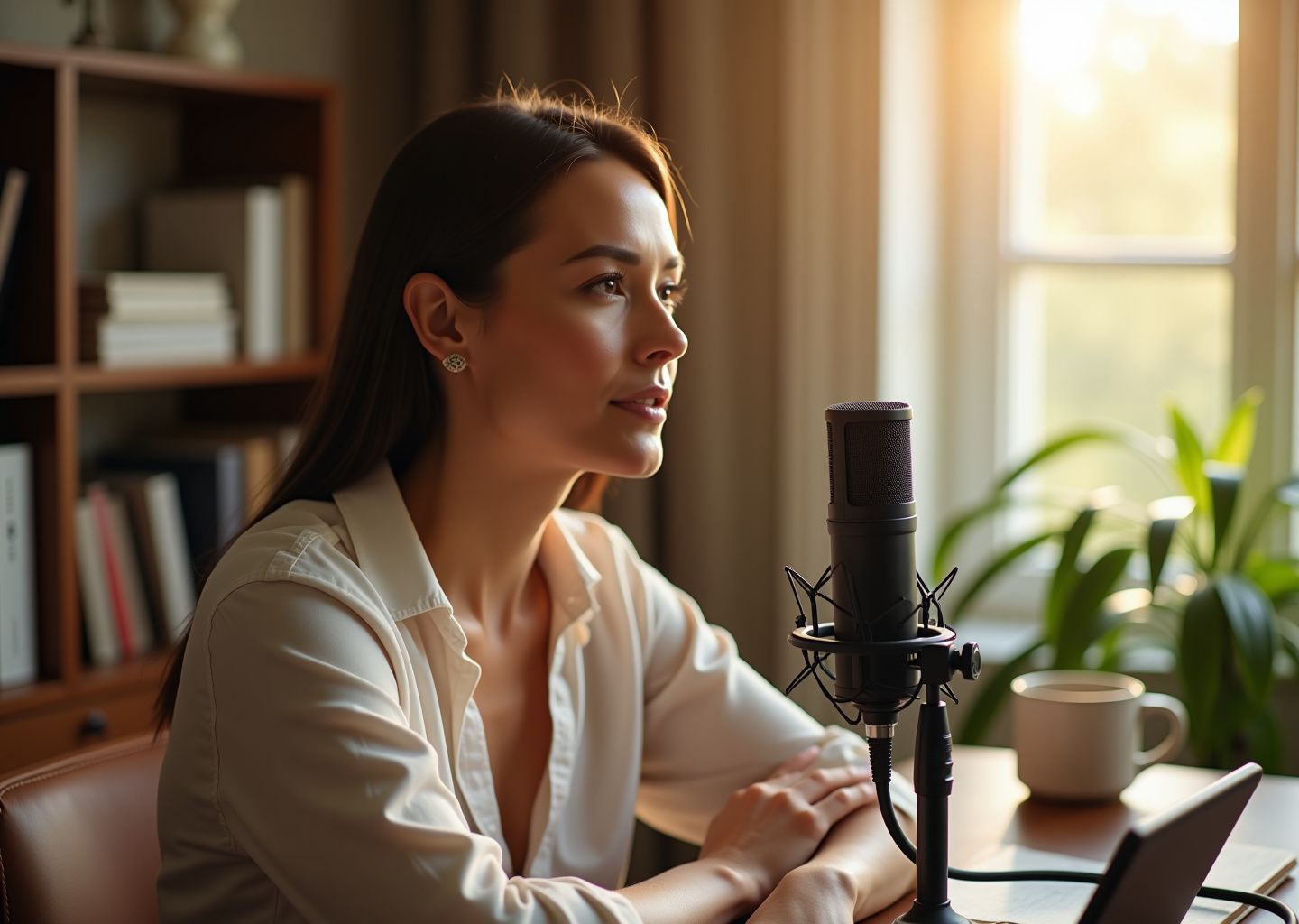 Adult practicing clear speech at home with a microphone, lip trill exercise, notebook and smartphone on desk