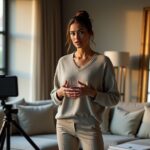 Multicultural adult practicing a 30-second elevator pitch at home with smartphone on tripod and printed notes visible