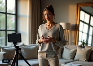 Multicultural adult practicing a 30-second elevator pitch at home with smartphone on tripod and printed notes visible