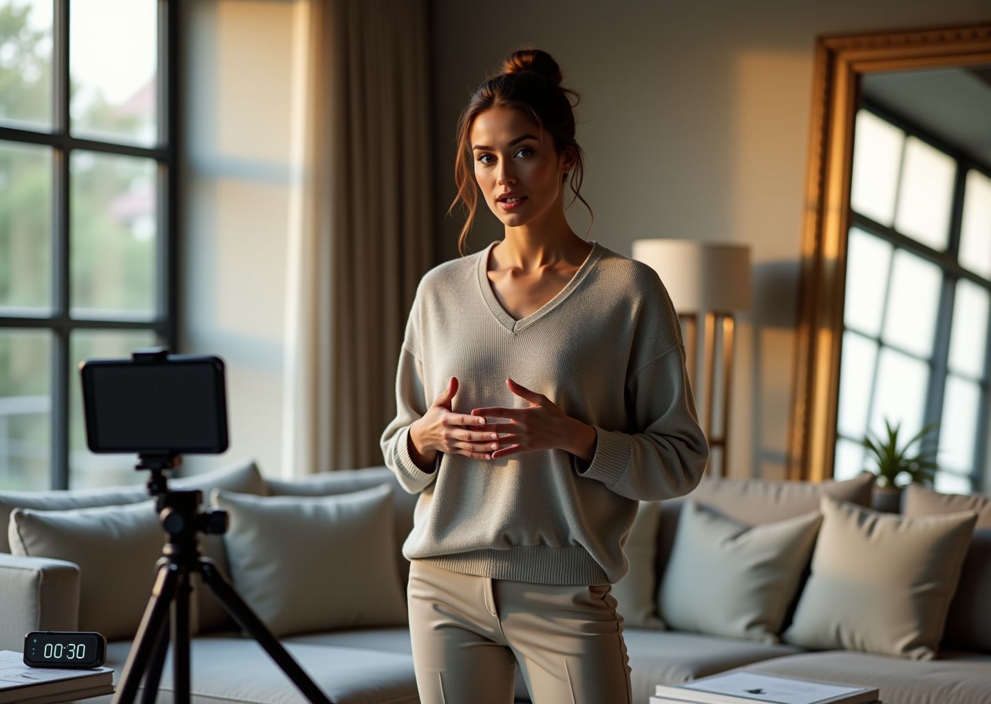 Multicultural adult practicing a 30-second elevator pitch at home with smartphone on tripod and printed notes visible
