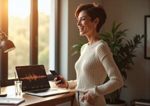 Adult practicing voice exercises at home recording on smartphone with notebook and water nearby