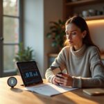 Adult practicing the American R at home with smartphone recording, mirror, and tablet spectrogram; overlay diagrams show tongue positions