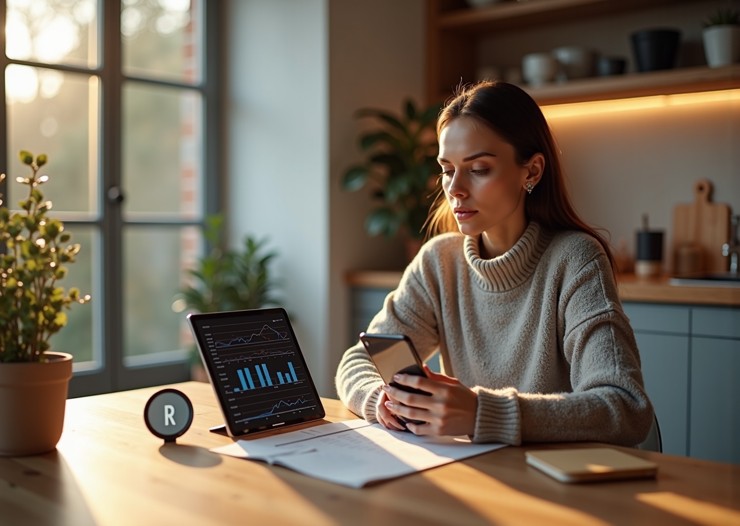 Adult practicing the American R at home with smartphone recording, mirror, and tablet spectrogram; overlay diagrams show tongue positions