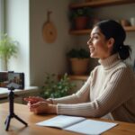 Adult practicing clear speech at home with smartphone recorder metronome app notepad and relaxed diaphragmatic breathing demonstrating at‑home speech training