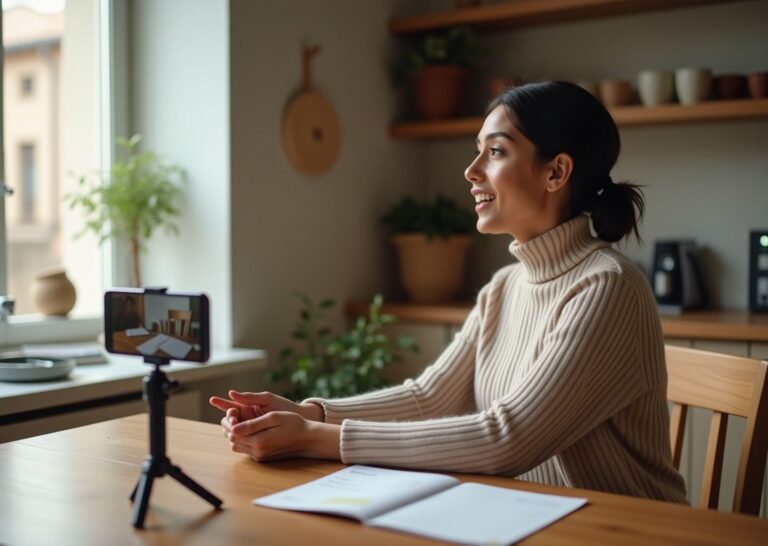 Adult practicing clear speech at home with smartphone recorder metronome app notepad and relaxed diaphragmatic breathing demonstrating at‑home speech training