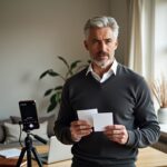 Adult practicing impromptu speaking at home using smartphone recorder and cue cards in a bright living room