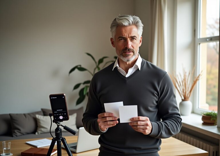 Adult practicing impromptu speaking at home using smartphone recorder and cue cards in a bright living room