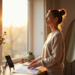 Adult practicing articulation at home in front of a mirror recording with a smartphone, showing confident posture, practice script, water, and a metronome app on screen