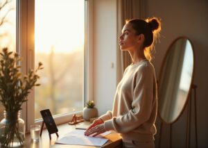 Adult practicing articulation at home in front of a mirror recording with a smartphone, showing confident posture, practice script, water, and a metronome app on screen