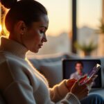 Adult practicing clear speech at home using a mobile app that displays visual feedback on the phone screen