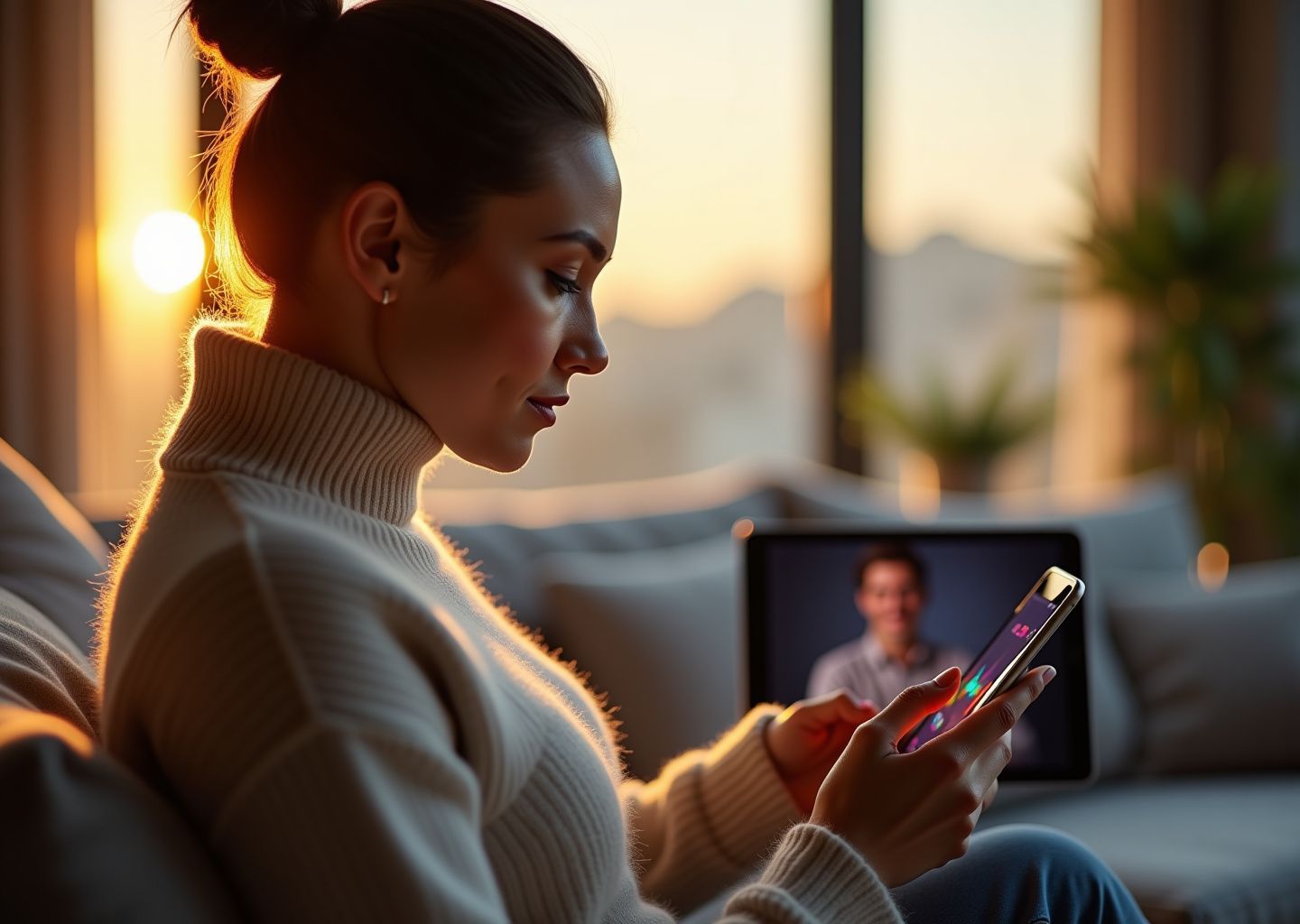 Adult practicing clear speech at home using a mobile app that displays visual feedback on the phone screen